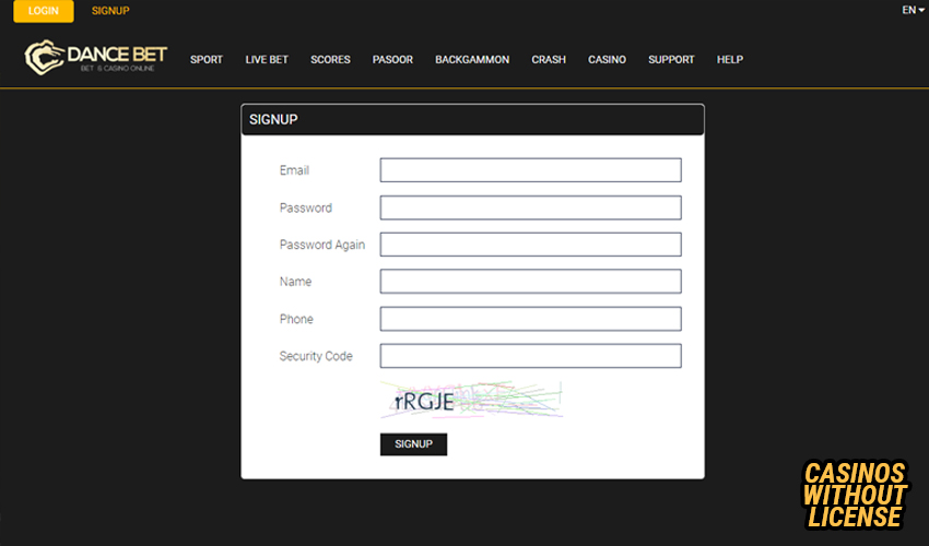 Dance Bet casino registration