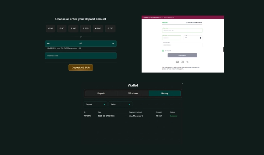 Multiple screenshots showing successful deposit at Spinzen Casino from Sweden
