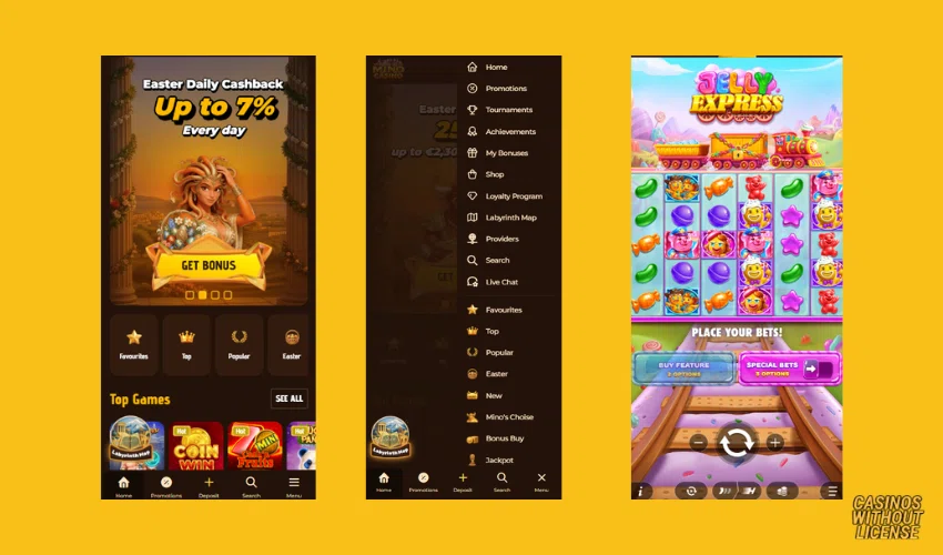 Mino Casino Mobile interface and gameplay