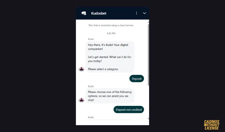 Live Chat at Kudosbet is a bot and not real human