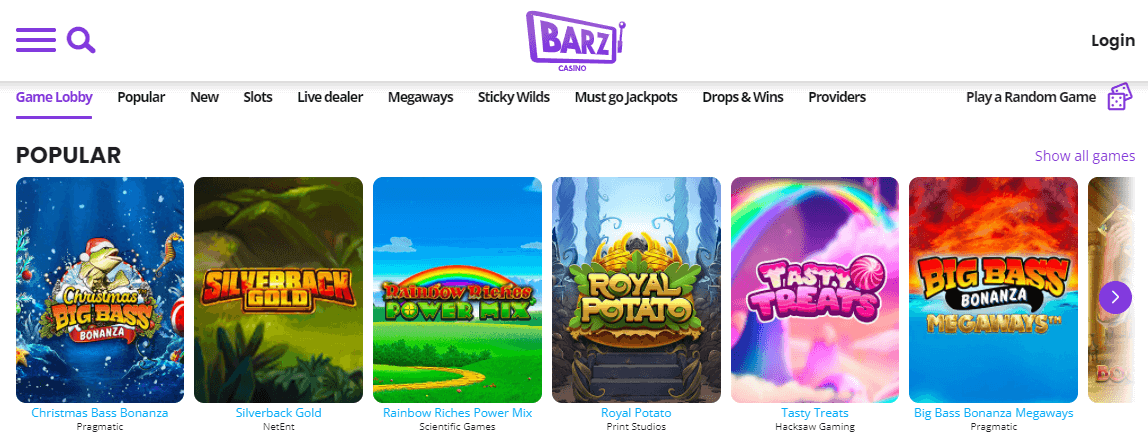 Game selection at Barz casino