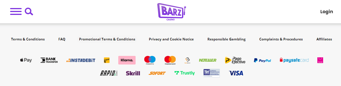 Barz casino payment options banner